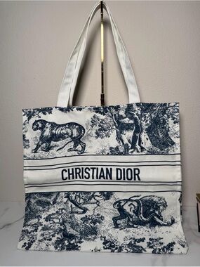 Dior White and Navy Toile Messenger Tote